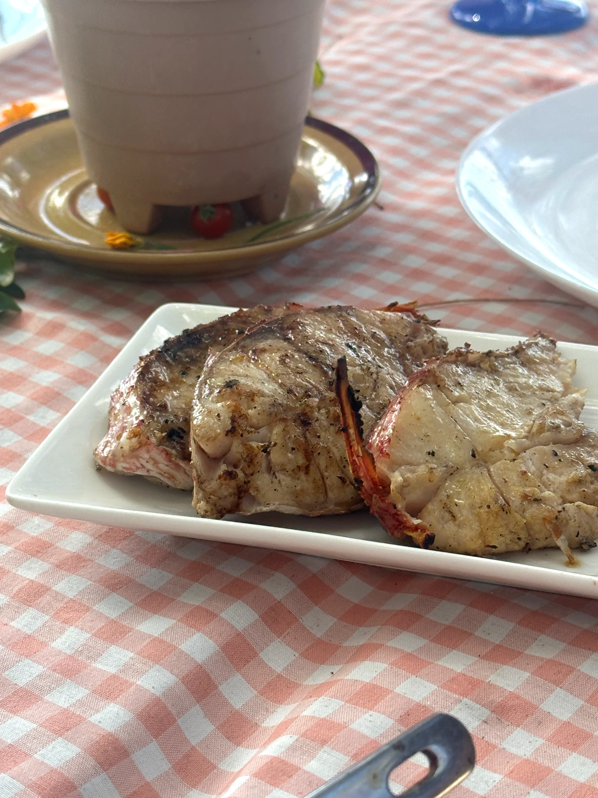 Poisson grillé servi sur la nappe à carreaux de La Table d'Otentika