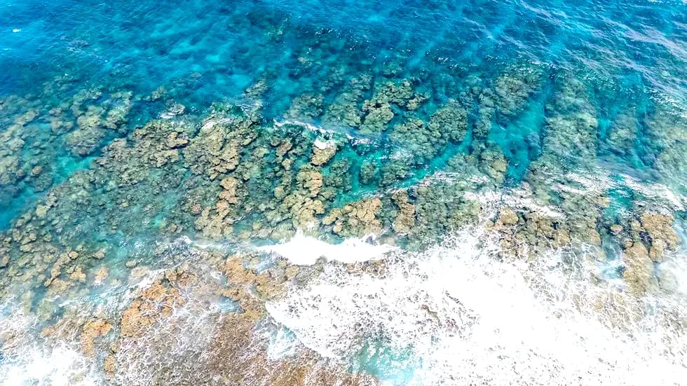 Vue aérienne du récif corallien et des dégradés de bleu du lagon de Rivière Banane